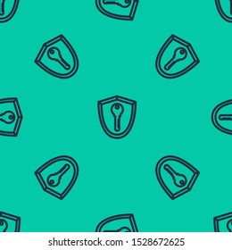 Blue line Shield with key icon isolated seamless pattern on green background. Protection and security concept. Safety badge icon. Privacy banner. Defense tag.  Vector Illustration