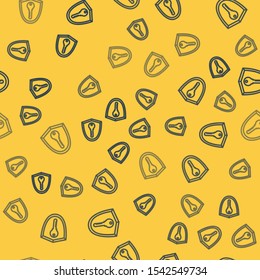 Blue line Shield with key icon isolated seamless pattern on yellow background. Protection and security concept. Safety badge icon. Privacy banner. Defense tag.  Vector Illustration