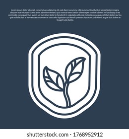 Blue line Shield with leaf icon isolated on blue background. Eco-friendly security shield with leaf. Vector