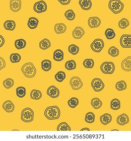 Blue line Shield protecting from virus, germs and bacteria icon isolated seamless pattern on yellow background. Immune system concept. Corona virus 2019-nCoV.  Vector