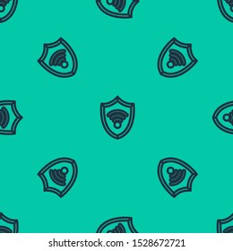 Blue line Shield with WiFi wireless internet network symbol icon isolated seamless pattern on green background. Protection safety concept.  Vector Illustration