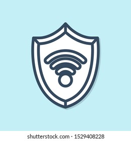 Blue line Shield with WiFi wireless internet network symbol icon isolated on blue background. Protection safety concept.  Vector Illustration