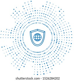 Blue line Shield with world globe icon isolated on white background. Security, safety, protection, privacy concept. Abstract circle random dots. Vector Illustration