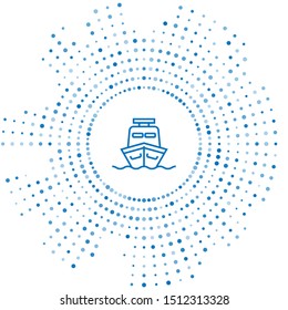 Blue line Ship icon isolated on white background. Abstract circle random dots. Vector Illustration