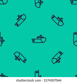 Blue line Ship with shield icon isolated seamless pattern on green background. Insurance concept. Security, safety, protection, protect concept.  Vector Illustration