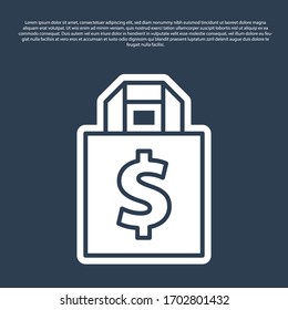 Línea azul Bolsa de compras y símbolo de dólar aislado en fondo azul. Signo de bolso. Icono de bolsa de mujer. Cartel de un bolso de mano para mujeres. Ilustración vectorial