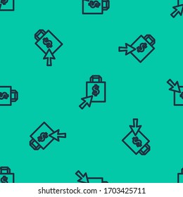 Blue line Shoping bag and dollar icon isolated seamless pattern on green background. Handbag sign. Woman bag icon. Female handbag sign.  Vector Illustration