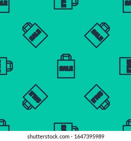 Blue line Shoping bag with an inscription Sale icon isolated seamless pattern on green background. Handbag sign. Woman bag icon. Female handbag sign.  Vector Illustration