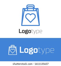 Blue line Shopping bag with heart icon isolated on white background. Shopping bag shop love like heart icon. Valentines day symbol. Logo design template element. Vector Illustration