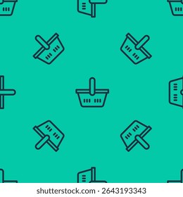 Blue line Shopping basket icon isolated seamless pattern on green background. Online buying concept. Delivery service sign. Shopping cart symbol.  Vector