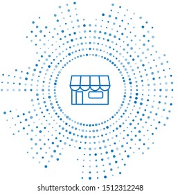 Blue line Shopping building or market store icon isolated on white background. Shop construction. Abstract circle random dots. Vector Illustration