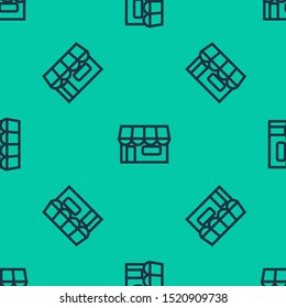 Blue line Shopping building or market store icon isolated seamless pattern on green background. Shop construction.  Vector Illustration