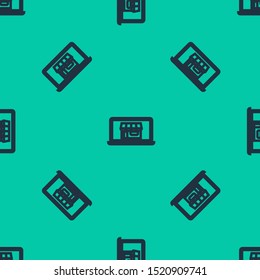 Blue line Shopping building on screen laptop icon isolated seamless pattern on green background. Concept e-commerce, e-business, online business marketing.  Vector Illustration