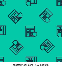 Blue line Shopping building with shield icon isolated seamless pattern on green background. Insurance concept. Security, safety, protection, protect concept.  Vector Illustration