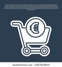 Blue line Shopping cart and euro symbol icon isolated on blue background. Online buying concept. Delivery service. Shopping cart.  Vector Illustration