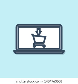 Blue line Shopping cart on screen laptop icon isolated on blue background. Concept e-commerce, e-business, online business marketing.  Vector Illustration