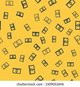 Blue line Shopping cart on screen laptop icon isolated seamless pattern on yellow background. Concept e-commerce, e-business, online business marketing.  Vector Illustration