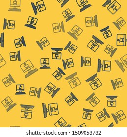 Blue line Shopping cart on screen computer icon isolated seamless pattern on yellow background. Concept e-commerce, e-business, online business marketing.  Vector Illustration