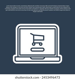 Blue line Shopping cart on screen laptop icon isolated on blue background. Concept e-commerce, e-business, online business marketing.  Vector Illustration