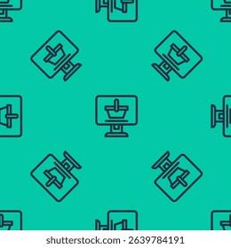 Blue line Shopping cart on screen computer icon isolated seamless pattern on green background. Concept e-commerce, e-business, online business marketing.  Vector