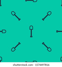 Blue line Shovel icon isolated seamless pattern on green background. Gardening tool. Tool for horticulture, agriculture, farming.  Vector Illustration