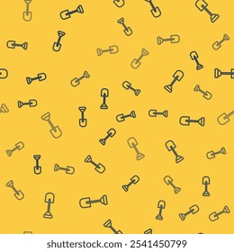 Blue line Shovel icon isolated seamless pattern on yellow background. Gardening tool. Tool for horticulture, agriculture, farming.  Vector