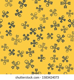 Blue line Shovel and rake icon isolated seamless pattern on yellow background. Tool for horticulture, agriculture, gardening, farming. Ground cultivator.  Vector Illustration