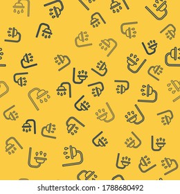 Blue line Shower head with water drops flowing icon isolated seamless pattern on yellow background.  Vector Illustration