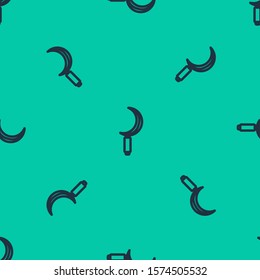 Blue line Sickle icon isolated seamless pattern on green background. Reaping hook sign.  Vector Illustration