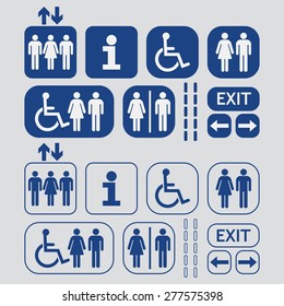 Blue line and silhouette Man and Woman public access icons set on gray background