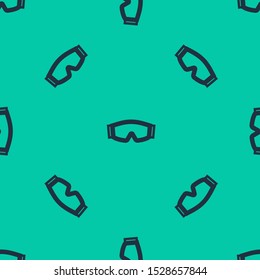 Blue line Ski goggles icon isolated seamless pattern on green background. Extreme sport. Sport equipment.  Vector Illustration