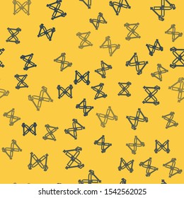 Blue line Ski and sticks icon isolated seamless pattern on yellow background. Extreme sport. Skiing equipment. Winter sports icon.  Vector Illustration