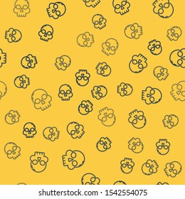 Blue line Skull icon isolated seamless pattern on yellow background. Happy Halloween party.  Vector Illustration