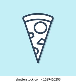 Blue line Slice of pizza icon isolated on blue background.  Vector Illustration