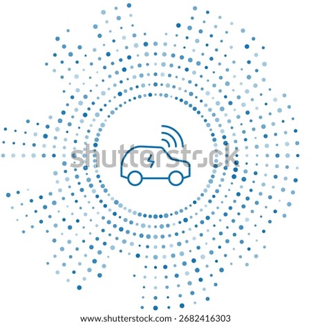 Blue line Smart car system with wireless connection icon isolated on white background. Remote car control. Abstract circle random dots. Vector