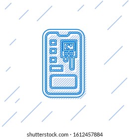 Blue line Smart control farming system mobile application icon isolated on white background.  Vector Illustration