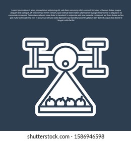 Blue line Smart farm with drone control collects harvest icon isolated on blue background. Innovation technology for agricultural company.  Vector Illustration
