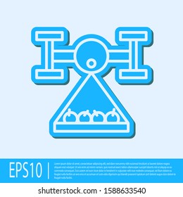 Blue line Smart farm with drone control collects harvest icon isolated on grey background. Innovation technology for agricultural company.  Vector Illustration