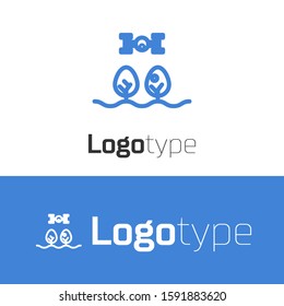 Blue line Smart farm with drone control and tree icon isolated on white background. Innovation technology for agricultural company. Logo design template element. Vector Illustration