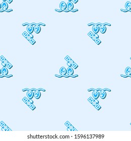 Blue line Smart farm with drone control and tree icon isolated seamless pattern on grey background. Innovation technology for agricultural company.  Vector Illustration