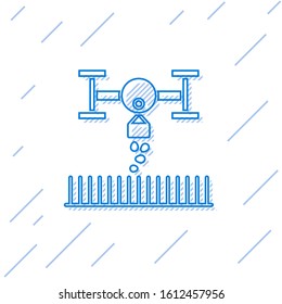 Blue line Smart farm with drone control for seed planting icon isolated on white background. Innovation technology for agricultural company.  Vector Illustration