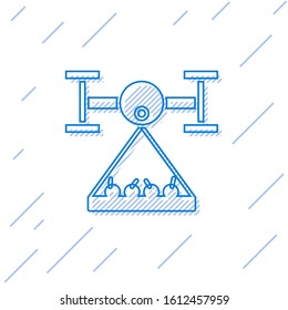 Blue line Smart farm with drone control collects harvest icon isolated on white background. Innovation technology for agricultural company.  Vector Illustration