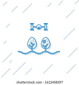 Blue line Smart farm with drone control and tree icon isolated on white background. Innovation technology for agricultural company.  Vector Illustration