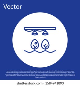 Blue line Smart farm with light bulb and plant symbol icon isolated on blue background. White circle button. Vector Illustration