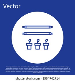 Blue line Smart farm with light bulb and plant symbol icon isolated on blue background. White circle button. Vector Illustration