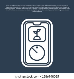 Blue line Smart farming technology - timer farm automation system in app icon isolated on blue background.  Vector Illustration