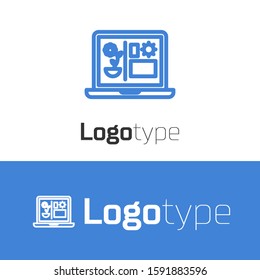 Blue line Smart farming technology - farm automation system icon isolated on white background. Logo design template element. Vector Illustration