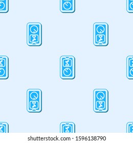 Blue line Smart farming technology - timer farm automation system in app icon isolated seamless pattern on grey background.  Vector Illustration