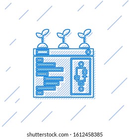 Blue line Smart farming technology - farm automation system in app icon isolated on white background.  Vector Illustration