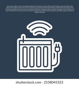 Linha azul Ícone do sistema de radiador de aquecimento inteligente isolado no fundo azul. Conceito de Internet das coisas com conexão sem fio.  Vetor